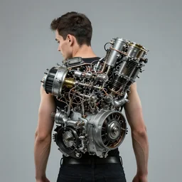 a man with engines growing out of his back, man engine, man and machine