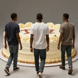3 black guys walking towards a big cake. ultra realistic.