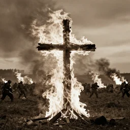 a cross made of fire above an battlefield, pinhole, sepia filter