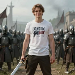 cinematic artwork of a random twitch streamer wearing a t - shirt and pants in front of a medieval army, holding a sword with a slight smile on his face by greg rutowski, 4 k, masterpiece