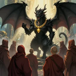 black dragon god with gold chain jewelry delivers propaganda speech to several cloaked hooded monk devotees. a fairytale wonderland illustration by greg rutkowski, in the style of howls moving castle. smooth concept art, 4 k matte thomas kinkade, ted nasmith, key art, artstation, alphonse mucha, god rays. beautiful digital painting