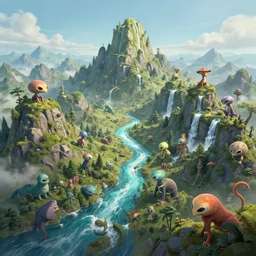 Planet Mountains shaped like animals, waterfalls, river, alien species, Greg Rutkowski, Darek Zabrocki, Karlkka, Jayison Devadas, Phuoc Quan, trending on Artstation, 8K, ultra wide angle, pincushion lens effect