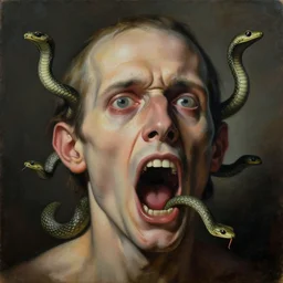 a painting of a disembodied screaming man's face with snakes coming out of his ears | eyes | nose | and mouth, a surrealist painting, polycount, behance, surrealism, surrealist, lovecraftian, cosmic horror, grotesque
