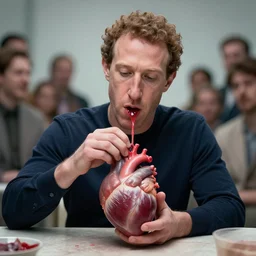 evil mark zuckerberg eating the raw heart of innocent people in the metaverse