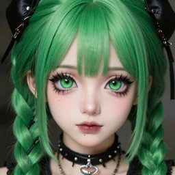close up of goth kawaii girl with green dreads, anime, detailed anime, realistic anime, manga anime, chibi anime, detailed, highly detailed, hd, 4 k, sharp, clear, high res, high quality, cinematic, 2 point studio lighting,