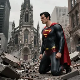 side view of superman on knees with black suit in a destroyed gotham city church, hyperdetailed, artstation, cgsociety, 8 k