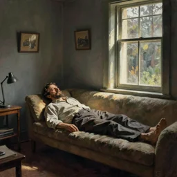 Sigmund freud lying on the couch in a therapy room by Edward Hopper, evening light, light coming through the window