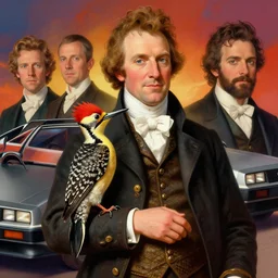 formal portrait of john james audubon holding woody woodpecker on his arm. digital art by eugene de blaas, ross tran, and nasreddine dinet, vibrant color scheme, intricately detailed, in the style of romanticism, cinematic. delorean background. artstation, greg rutkowski