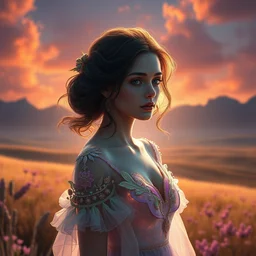 ! dream landscape, a realistic portrait and realism, woman in aurora dress, fine art, sharp focus, ten flats, digital art, bright colors, trending on artstation, unreal engine.
