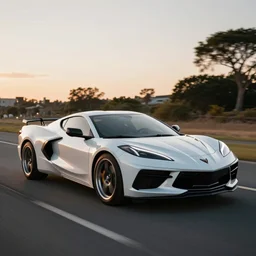 a corvette c 8 that looks like a delorean time machine from back to the future, outside, on road, highly detailed, epic lighting, hyper photorealism, 8 k