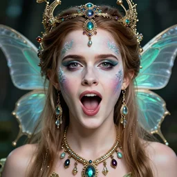 portrait of a fairy with her mouth open, symmetric, facepaint facepaint facepaint, intricate jewelry, trending on artstation 4 k, in the style of karol bak and tom bagshaw, bust with face of emma watson