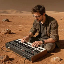 a lantern jawed man in glasses plays modular synths on the surface of mars, detailed illustration
