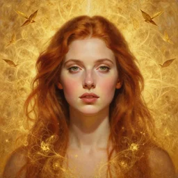 epic painting of beautiful goddess with red brown hair, golden glowing background, close up portrait, photography by amy leibowitz, wlop, jeremy lipkin, beeple, intricate golden fractals, team leaves flying in the sky, symmetrical front portrait, artgerm