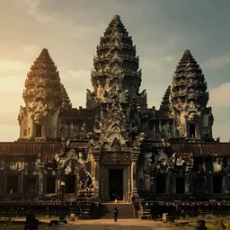 an epic matte painting by weta digital, a massive temple like Angkor wat designed by hr giger, lofi low contrast dark retro palette, hyper realistic octane render 4k, lens flare, light leaks, golden hour