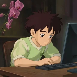 a sleepy boy in front of a computer, medium shot, waist up, studio ghibli, pixar and disney animation, sharp, rendered in unreal engine 5, anime key art by greg rutkowski, bloom, dramatic lighting