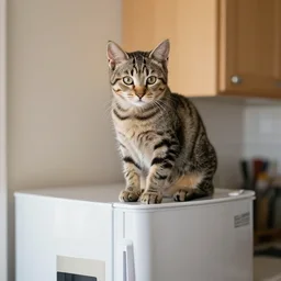 a tabby kitten on top of a fridge in the kitchen