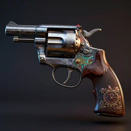profesionally ornated vintage revolver, hyper detailed, volumetric lights, colorful palette, masterpiece, ornate dark, suehiro moaruo, katsuhiro otomo, shintaro kago, cgsociety, octane render, ambient light