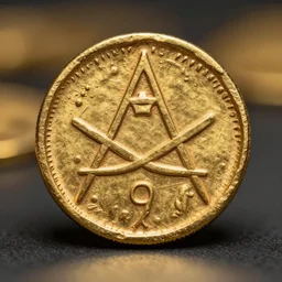 an ancient roman gold coin with the a masonic symbol, close up photo, ultra realistic, studio photo, bokeh, 4 k, hd, centered