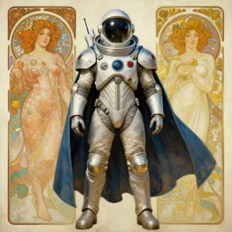 knights templar in a space suit with cape, futurism, character design, painting by gaston bussiere, greg rutkowski, artgerm, alphonse mucha, trending on artstation