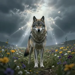 A high fantasy wolf girl standing in the middle of the field of flowers, by Eddie Mendoza, cinematic full shot, thrilling, suspense, god rays, digitalized art, official media, beautiful, detailed, high quality, wallpaper 4K, epic, trending on artstation and behance, dynamic lightning
