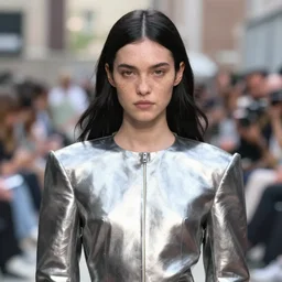 olivia at the new york fashion week, wearing an outfit made of plutonium, black hair, freckles, pale skin, photo by greg rutkowski, bright lighting, soft colors, female beauty, intricate detail, elegance, sharp shapes, masterpiece