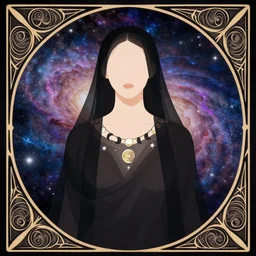 a portrait of a galaxy as an androgynous druid spirit wearing a necklace of moons and stars, draped in black transparent cloth, flat colors, occult, minimal, swirly, bust by alphonse mucha, decorative art deco border, astrophotography, vast cosmos, digital illustration overlayed on photography, trending on artstation