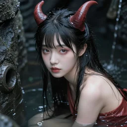 strange and evil daemon - girl in a japanese sewer, 1 9 8 0 photography with flash, photorealistic, flash light, dramatic light, volumetric light, mist