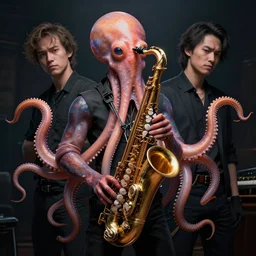 hyperrealistic mixed media image of a saxophone cephalopod, stunning 3 d render inspired art by greg rutkowski and xiang duan and thomas eakes, perfect symmetry, realistic, highly detailed attributes and atmosphere, dim volumetric cinematic lighting, 8 k octane extremely hyper - detailed render, post - processing, masterpiece,