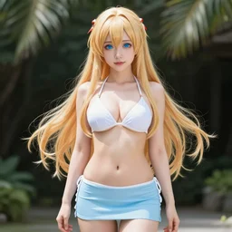 a very beautiful mature yuuki asuna, full body, long wavy blond hair, sky blue eyes, full round face, bikini, miniskirt, front view, mid - shot, cute pose, highly detailed, cinematic wallpaper by stanley artgerm lau