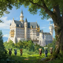 beautiful illustration of a big castle in a fantasy world, green grass, enormous tree, blue sky, by albert bierstadt, highly detailed, crystal lighting, mystical, forest, hyperrealistic, 4 k, unreal engine, magical, by joe fenton, by greg rutkowski, by greg tocchini, by kaws, by kate beaton, by kaethe butcher