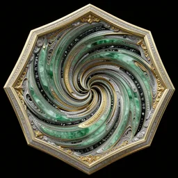twisting three dimensional multilayered pattern vortex inside a hexagonal shape, swirling, intricate detail, complex, jade, gold, silver, obsidian, ornate,