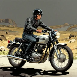 moebius comic art, the incal, classic vintage motorcycle motorbike, rider driver, cinematic moebius illustration, painting, film still, blade runner 2 0 4 9