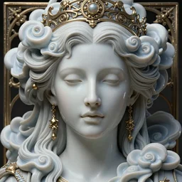 detailed realistic face portrait octane render, artwork by james jean, chiara bautista, smooth polished matte porcelain, queen of futility, jean delville, art nouveau, james jean spiraling clouds, ornate metal gothic icon heavy patina, futility, delicate, enchanting, otherworldly, whimsical, ethereal, mythology, magical