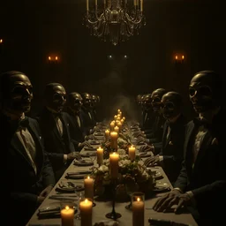 disturbing big budget hollywood movie of a wedding everyone is wearing halloween masks at the marriage of reason and squalor dramatic lighting chiaroscuro