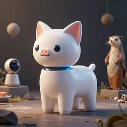 product photo of a futuristic happy robot pet, minimalistic kindchenschema, by artgerm and greg rutkowski and marc newson and zaha hadid, alphonse mucha, zaha hadid, samsung apple webcam, sleek matte glossy materials, neon, kitten puppy pig otter fennec inspired. side view, volumetric light, detailed, octane render, midsommar