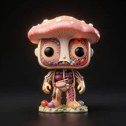 Pictoplasma, pictoplasma, pictoplasma, Simple bionic exploded drawing, crossection funko pop toyfigure fungus sculpture, jellybeans, organs, kidney, by david lachapelle, by angus mckie, by rhads, in a dark empty black studio hollow, c4d, at night, rimlight, c4d, by jonathan ivy, by alex grey, Haeckel