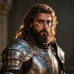 a portrait of mena massoud as a bearded man, scars on face, paladin armor, style by donato giancola, wayne reynolds, jeff easley dramatic light, high detail, cinematic lighting, artstation, dungeons and dragons