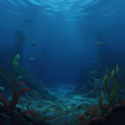 Alien world underwater on the ocean bed, deep blue water color, cinematic perspective, slight green and red plant life around, alien fish swimming in the background, matte painting, Artstation, Thalassophobia