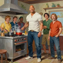 a mixed media portrait painting of dwayne the rock johnson cooking at a stove, by frank frazetta, greg rutkowski, beeple, yoko taro, christian macnevin, beeple, wlop and krenz cushart, epic fantasy character art, volumetric indoor lighting, midday, high fantasy, cgsociety, cheerful colours, full length, exquisite detail, post - processing, masterpiece, cinematic