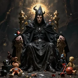 Dark wizard sitting on a throne of lost toys