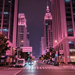 street view of highly - developed city at night, pink lighting, 2 0 5 3