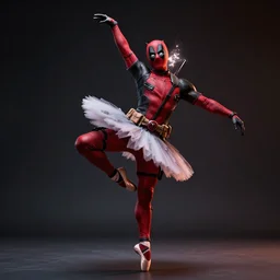 full body pose, hyperrealistic photograph of deadpool as a ballerina dancer, dim volumetric lighting, 8 k, octane beautifully detailed render, extremely hyper detailed, intricate, epic composition, cinematic lighting, masterpiece, trending on artstation, very very detailed, stunning, hdr, smooth, sharp focus, high resolution, award, winning photo, dslr, 5 0 mm