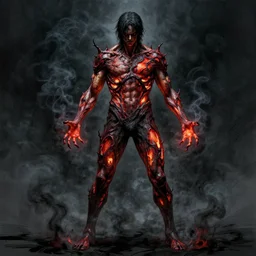concept art of a man in a menacing stance with his body covered in burns, with black smoke coming out of his hands, full body, dark colors, sinister atmosphere, dramatic lighting, cinematic, establishing shot, extremely high detail, photo realistic, cinematic lighting, pen and ink, intricate line drawings, by Yoshitaka Amano, Ruan Jia, Kentaro Miura, Artgerm, post processed, concept art, artstation, matte painting, style by eddie mendoza, raphael lacoste, alex ross,