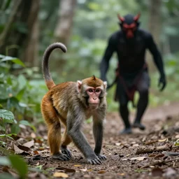 a monkey crawling away from the devil