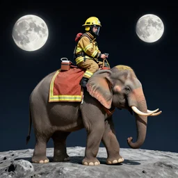 a firefighter riding an elephant on the moon