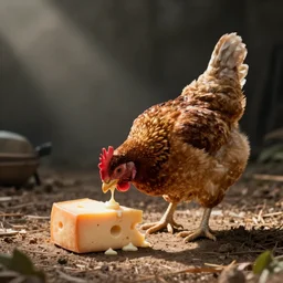 a chicken eating cheese