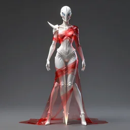 a full body character design by artgerm, greg rutkowski and alphonse mucha. sci - fi dagger. white tape and red translucent plastic tape project show attctive showgirl!! sci - fi helmet!! sharp edges. contour light effect!!. ultra detailed, elegant, intricate, octane render.