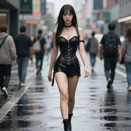 15081959 21121991 01012000 4k, highly detailed, sharp focus, Sexy cyberpunk girl dressed in a corset and glasses walks on a wet street