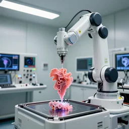 a complex thick bifurcated robotic cnc surgical arm cybernetic symbiosis hybrid mri 3 d printer machine printing some highly detailed larval stage ferrari motor fractal forms in inspection laboratory control panel room, lcd screens, knobs, drone camera lens orbs, bright lighting, octane render, natural color scheme, photo still from movie by denis villeneuve,