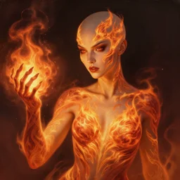 Human :: Sorceress, pretty, beautiful, DnD character art portrait, bald, fire magic, fire patterned skin, matte fantasy painting, DeviantArt Artstation, by Jason Felix by Steve Argyle by Tyler Jacobson by Peter Mohrbacher, cinematic lighting.